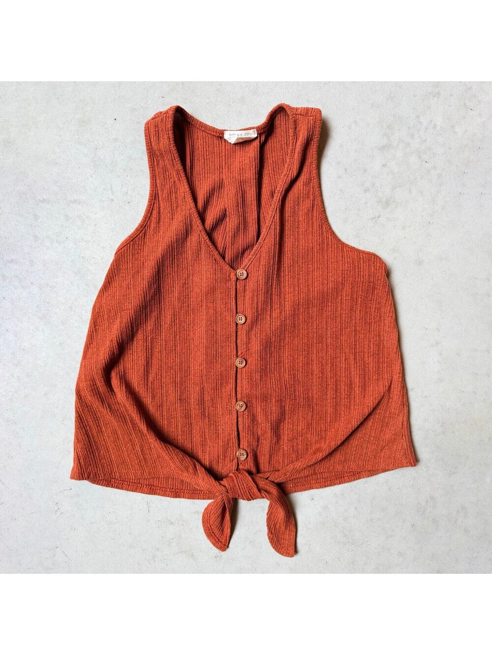Ribbed Button Front Fall Tank Top with Front Tie in Rust Orange by Sienna Sky